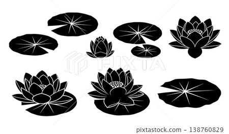 Assortment of Six Lily Pad and Lotus Flower Silhouettes Assortment of Six Lily Pad and Lotus Flower Silhouettes 138760829