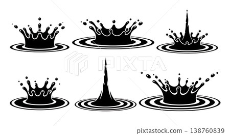 Black Solid Liquid Splash Silhouettes Set of Six on White Background 138760839
