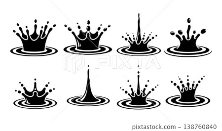 Black Solid Liquid Splash Silhouettes Set of Six on White Background Black Solid Liquid Splash Silhouettes Set of Six on White Background 138760840