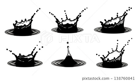 Black Solid Liquid Splash Silhouettes Set of Six on White Background Black Solid Liquid Splash Silhouettes Set of Six on White Background 138760841