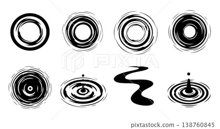 Black Solid Liquid Drop Ripple Silhouettes Set of Six on White Background Black Solid Liquid Drop Ripple Silhouettes Set of Six on White Background 138760845