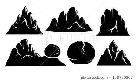 Black Solid Lone Mountain Boulder Silhouettes Set of Six on White Background 138760862