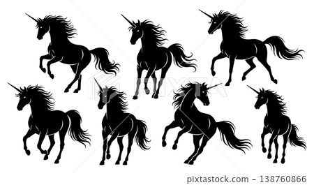 Black Solid Artistic Unicorn Silhouettes Set of Six on White Background Black Solid Artistic Unicorn Silhouettes Set of Six on White Background 138760866