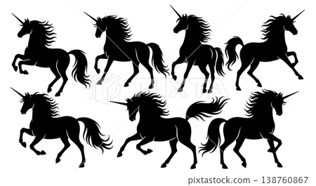 Black Solid Artistic Unicorn Silhouettes Set of Six on White Background Black Solid Artistic Unicorn Silhouettes Set of Six on White Background 138760867