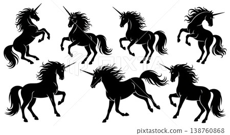 Black Solid Artistic Unicorn Silhouettes Set of Six on White Background Black Solid Artistic Unicorn Silhouettes Set of Six on White Background 138760868