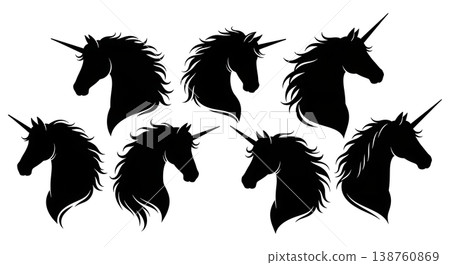 Black Solid Artistic Unicorn Silhouettes Set of Six on White Background Black Solid Artistic Unicorn Silhouettes Set of Six on White Background 138760869