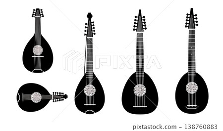 Black Solid Lute Silhouettes Set of Six on White Background Black Solid Lute Silhouettes Set of Six on White Background 138760883