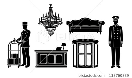Black Solid 1920s Hotel Lobby Silhouettes Set of Six on White Background Black Solid 1920s Hotel Lobby Silhouettes Set of Six on White Background 138760889