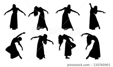 Black Solid Lyrical Dancer Silhouettes Set of Six on White Background 138760901