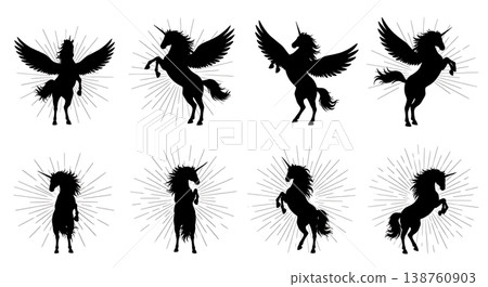 Black Solid Magic Burst Unicorn Silhouettes Set of Six on White Background Black Solid Magic Burst Unicorn Silhouettes Set of Six on White Background 138760903