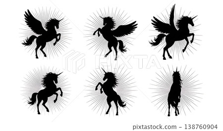 Black Solid Magic Burst Unicorn Silhouettes Set of Six on White Background Black Solid Magic Burst Unicorn Silhouettes Set of Six on White Background 138760904