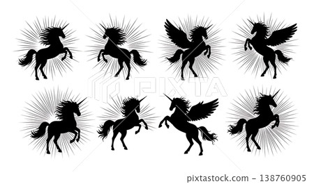 Black Solid Magic Burst Unicorn Silhouettes Set of Six on White Background Black Solid Magic Burst Unicorn Silhouettes Set of Six on White Background 138760905
