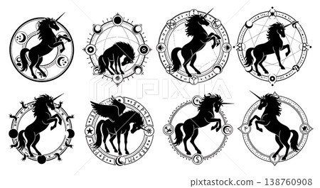Black Solid Magic Circle Unicorn Silhouettes Set of Six on White Background Black Solid Magic Circle Unicorn Silhouettes Set of Six on White Background 138760908