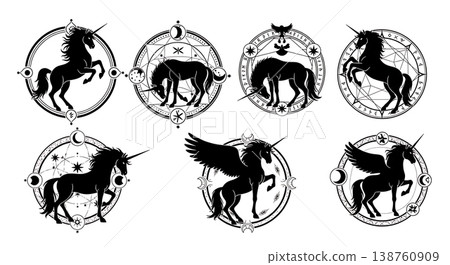 Black Solid Magic Circle Unicorn Silhouettes Set of Six on White Background Black Solid Magic Circle Unicorn Silhouettes Set of Six on White Background 138760909