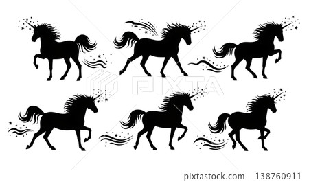 Black Solid Magic Spark Unicorn Silhouettes Set of Six on White Background 138760911