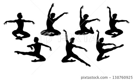 Black Solid Male Ballet Silhouettes Set of Six on White Background Black Solid Male Ballet Silhouettes Set of Six on White Background 138760925