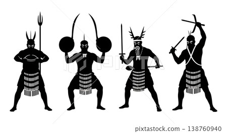 Black Solid Maori Haka Stance Silhouettes Set of Six on White Background 138760940