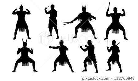 Black Solid Maori Haka Stance Silhouettes Set of Six on White Background 138760942