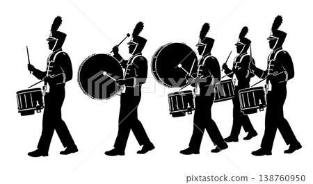 Black Solid Marching Drummer Silhouettes Set of Six on White Background 138760950