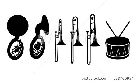Black Solid Marching Band Silhouettes Set of Six on White Background Black Solid Marching Band Silhouettes Set of Six on White Background 138760954