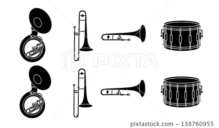 Black Solid Marching Band Silhouettes Set of Six on White Background 138760955