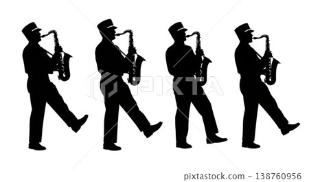 Black Solid Marching Saxophonist Silhouettes Set of Six on White Background Black Solid Marching Saxophonist Silhouettes Set of Six on White Background 138760956