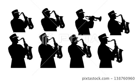 Black Solid Marching Saxophonist Silhouettes Set of Six on White Background Black Solid Marching Saxophonist Silhouettes Set of Six on White Background 138760960