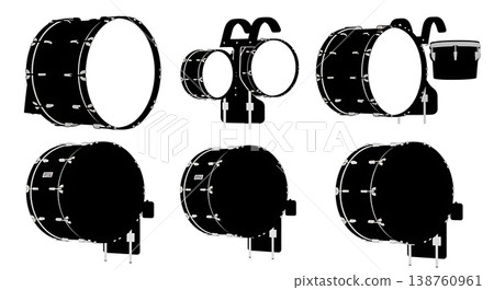 Black Solid Marching Drum Silhouettes Set of Six on White Background Black Solid Marching Drum Silhouettes Set of Six on White Background 138760961