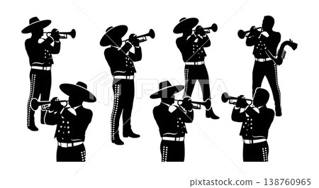 Black Solid Mariachi Trumpeter Silhouettes Set of Six on White Background 138760965