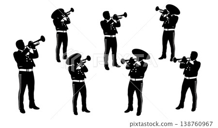 Black Solid Mariachi Trumpeter Silhouettes Set of Six on White Background Black Solid Mariachi Trumpeter Silhouettes Set of Six on White Background 138760967