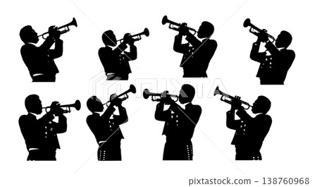 Black Solid Mariachi Trumpeter Silhouettes Set of Six on White Background Black Solid Mariachi Trumpeter Silhouettes Set of Six on White Background 138760968
