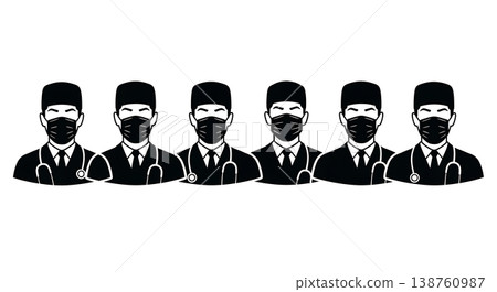 Black Solid Masked Doctor Silhouettes Set of Six on White Background 138760987
