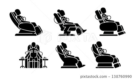 Black Solid Massage Chair Silhouettes Set of Six on White Background Black Solid Massage Chair Silhouettes Set of Six on White Background 138760990