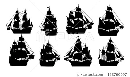 Black Solid Mayflower Ship Silhouettes Set of Six on White Background 138760997