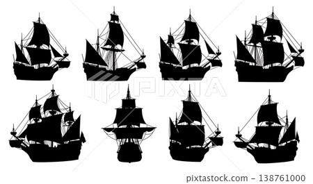 Black Solid Mayflower Ship Silhouettes Set of Six on White Background 138761000