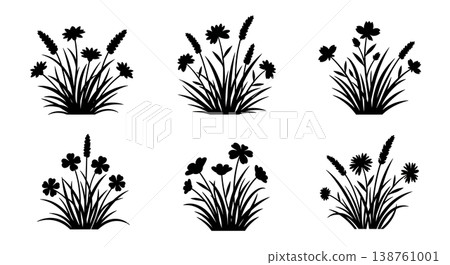 Set of Six Black Solid Meadow Wildflower Arrangement Silhouettes Set of Six Black Solid Meadow Wildflower Arrangement Silhouettes 138761001