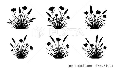 Set of Six Black Solid Meadow Wildflower Arrangement Silhouettes 138761004