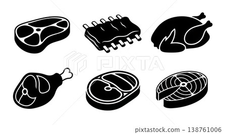 Black Solid Meat Silhouettes Set of Six on White Background 138761006