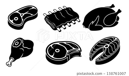Black Solid Meat Silhouettes Set of Six on White Background 138761007