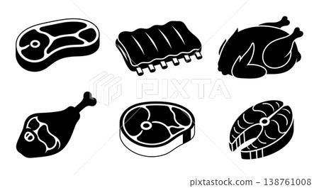 Black Solid Meat Silhouettes Set of Six on White Background 138761008