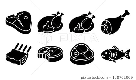 Black Solid Meat Silhouettes Set of Six on White Background 138761009