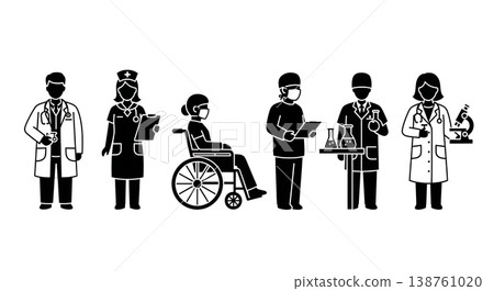 Black Solid Medical Healthcare Silhouettes Set of Six on White Background Black Solid Medical Healthcare Silhouettes Set of Six on White Background 138761020