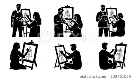 Black Solid Medical Porter Silhouettes Set of Six on White Background 138761039
