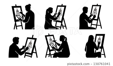 Black Solid Medical Porter Silhouettes Set of Six on White Background 138761041