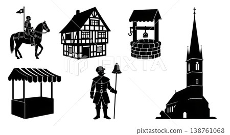 Black Solid Medieval Market Square Silhouettes Set of Six on White Background Black Solid Medieval Market Square Silhouettes Set of Six on White Background 138761068