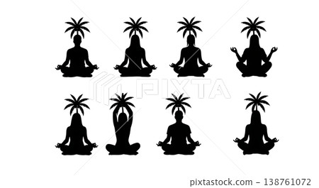 Black Solid Meditating Beach Palm Silhouettes Set of Six on White Background Black Solid Meditating Beach Palm Silhouettes Set of Six on White Background 138761072