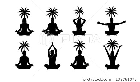 Black Solid Meditating Beach Palm Silhouettes Set of Six on White Background Black Solid Meditating Beach Palm Silhouettes Set of Six on White Background 138761073