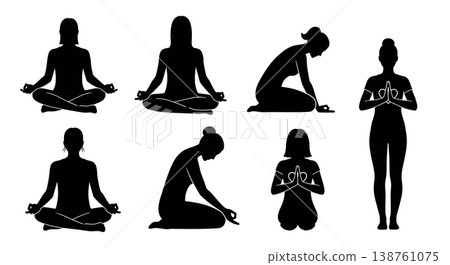 Black Solid Meditating People Silhouettes Set of Six on White Background 138761075