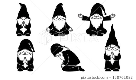 Black Solid Meditative Gnome Silhouettes Set of Six on White Background 138761082