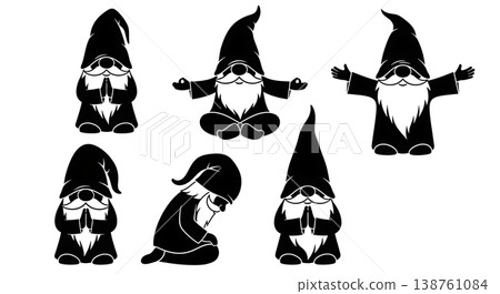 Black Solid Meditative Gnome Silhouettes Set of Six on White Background 138761084